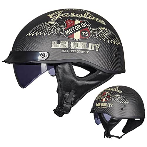 Motorcycle Half Helmet Sun Visor Quick Release Buckle, DOT Approved Half Face Helmets for Men Women, Low Profile Black Carbon Fiber