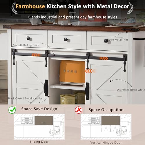 53.7" Farmhouse Kitchen Island with Power Outlet,2 Sliding Barn Door Storage Island with Drop Leaf,Spice Rack and 3 Drawers,Rolling Kitchen Cart on Wheels for Dining Room, White