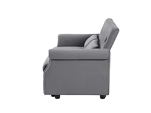 55" Button Tufted Upholstered Nailhead Decor Futon Loveseat Daybed Convertible Sleep Sofabed,3 in1 Reclining Backrest Love Seat w/Pull Out Sleeper Couch Bed Sofas, Gray Velvet 2 Pillows