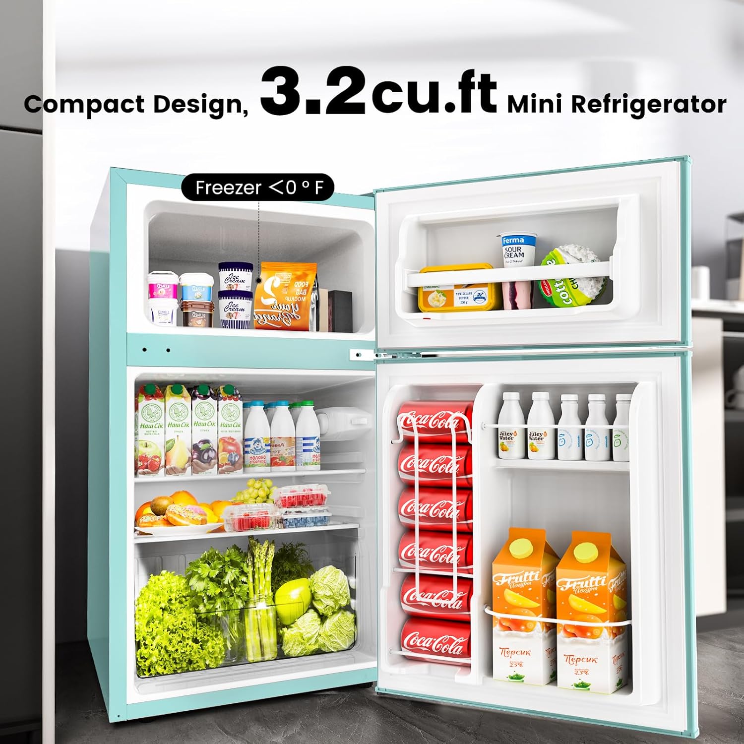 COWSAR Compact Refrigerator, 3.2 Cu Ft, Mini Refrigerator with Freezer, Double Door, 7 Temperature Settings, Low Noise, Suitable for Dorm/Apartment/Office/Kitchen, Green