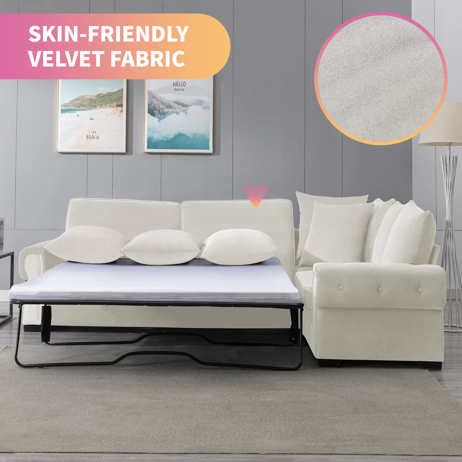 Mixoy 76"W L-Shaped Pull Out Sofa Bed, Convertible Sleeper Sofa, Reversible Velvet Large Couch with Mattress for Living Room/Office, Beige - Curated Treasures Market