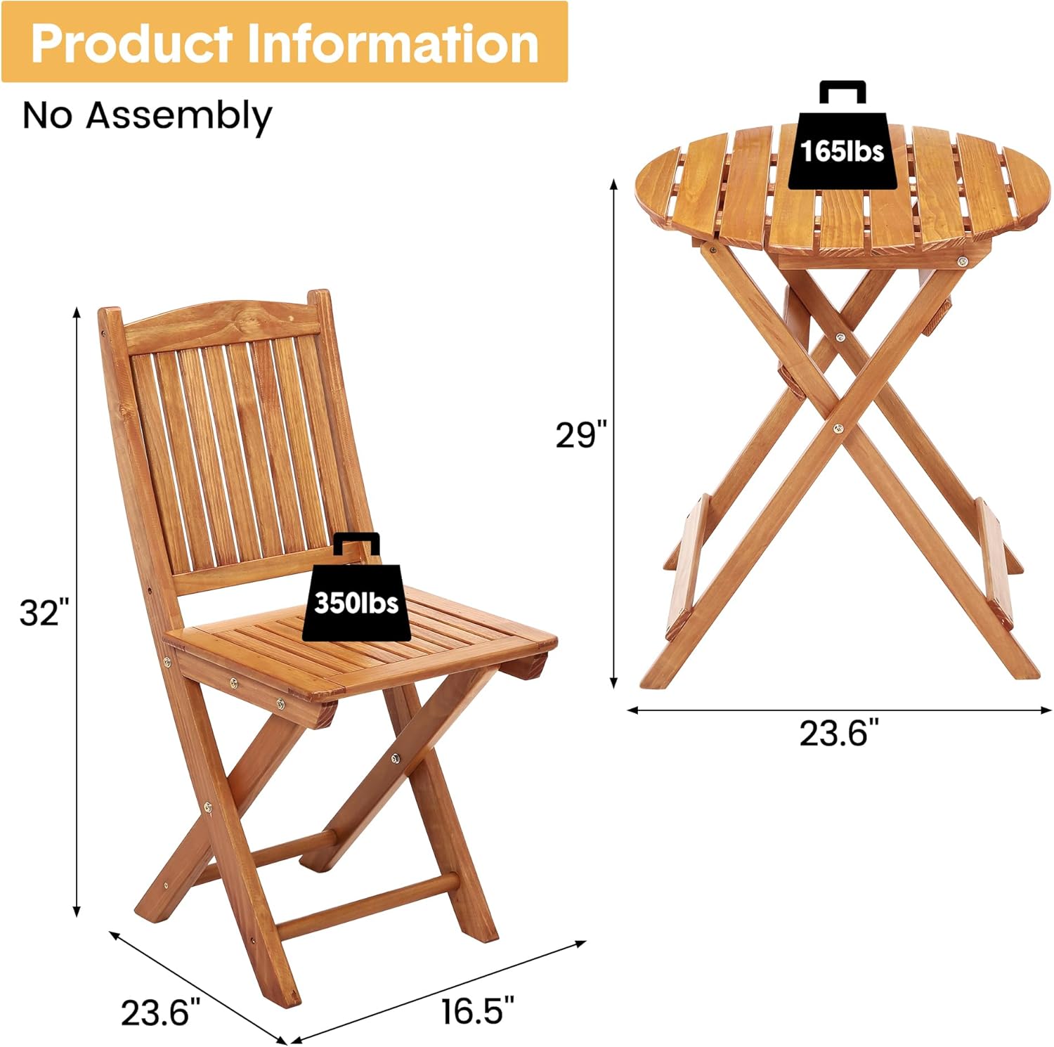 3Pcs Patio Bistro Set, Wood Folding Table Set, Outdoor Furniture Round Table for Garden Yard, Casual Bistro Table and Chairs Set of 2 for Condominium Pool Front Porch Beach, Wood