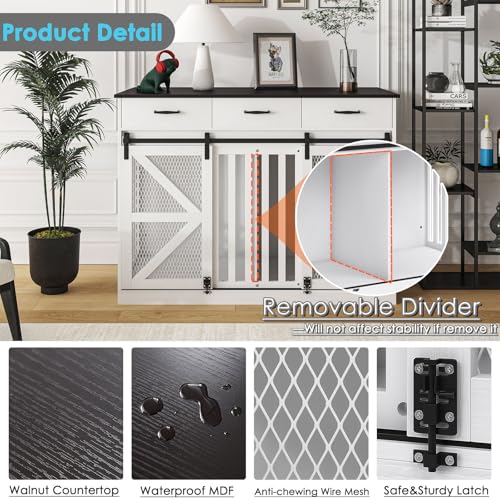 48'' Dog Crate Furniture with Removable Divider & Storage Drawers, Wooden Double Dog Cage TV Stand with 2 Sliding Barn Doors, Multi-Functional Dog Crate End Table for Indoor use (White)