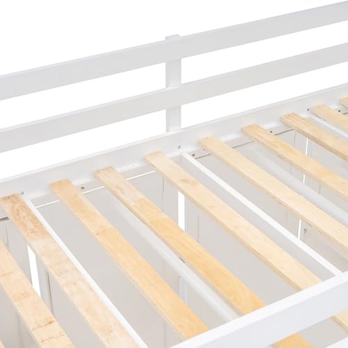 Wooden Twin Size Loft Bed with Two-Tone Stairs Storage, Solid Wood Loft Bed Frame with Full-Length Guardrails Twin Size Loft Bed with Pull-Out Wardrobes, for Kids Teens Adults, No Box Spring Needed