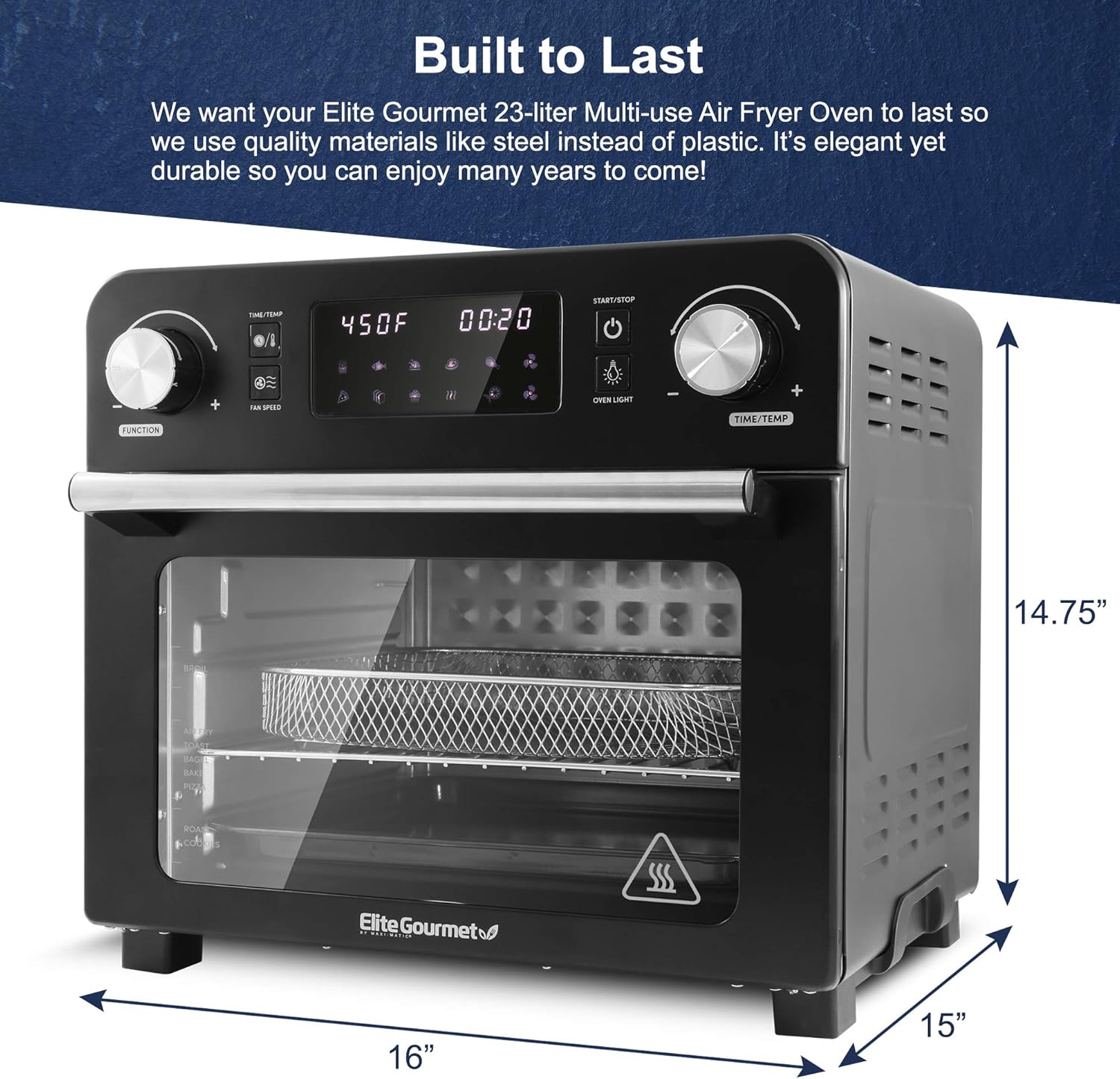Elite Gourmet EAF9310 Digital Programmable Fryer Oven, Oil-Less Convection Oven Extra Large 24.5 Quart Capacity, fits 12" pizza, Grill, Bake, Roast, Air Fry, 1700-Watts, Black
