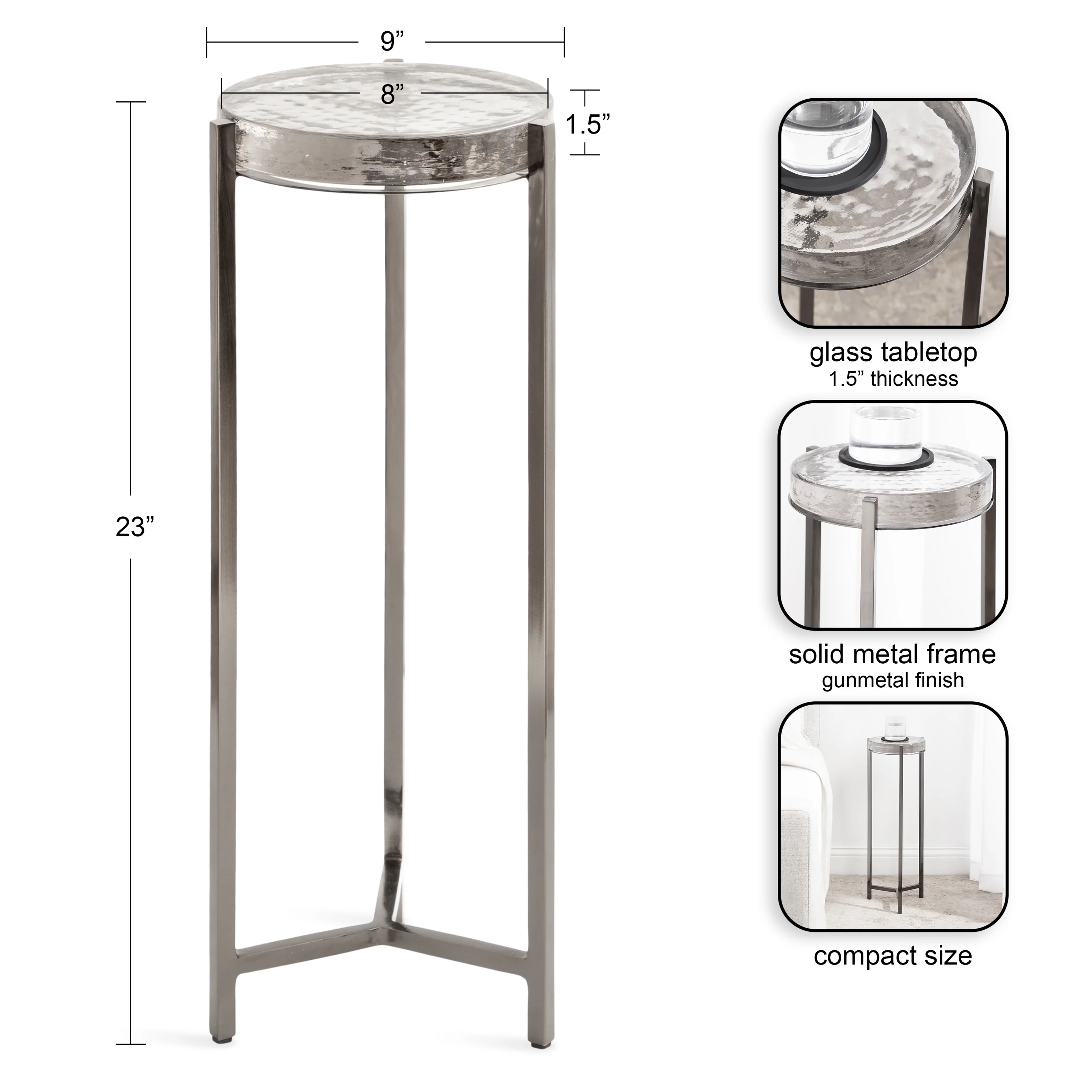 Kate and Laurel Aguilar Modern Drink Table, 9 x 9 x 23, Gray Gunmetal with Clear Glass, Unique Round Glass Accent Table for Small Spaces