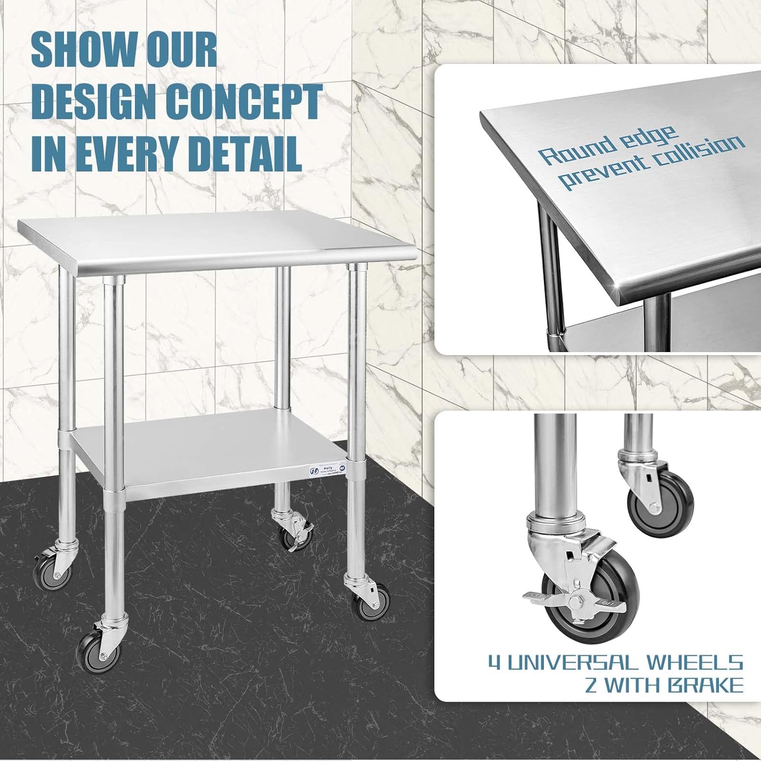 Hally Stainless Steel Table for Prep & Work 24 x 36 Inches with Caster Wheels, NSF Commercial Heavy Duty Table with Undershelf and Galvanized Legs for Restaurant, Home and Hotel