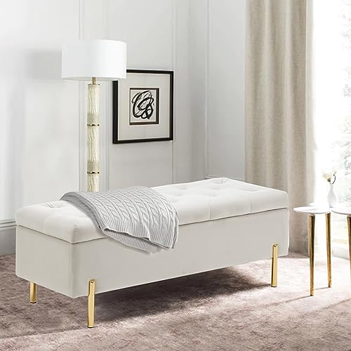 Velvet Storage Bench Ottoman with Soft Close Lid, End of Bed Bench Upholstered Fabric Storage Ottoman Bench for Bedroom Entryway Living Room, Grey