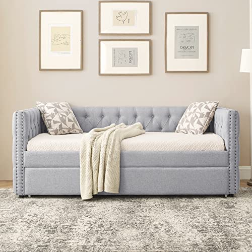 KIVENJAJA Twin Size Daybed with Trundle, Linen Fabric Upholstered Day Bed Frame Sofa Bed with Button Tufted & Nail Trimming for Living Room Guest Room (Twin, Beige)