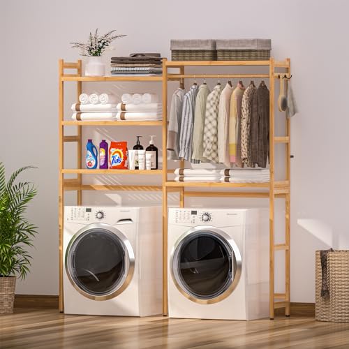 Cozivolife Over The Washer and Dryer Storage Shelf Bamboo,5 Tiers Laundry Room Drying Rack with Adjustable Shelves and 4 Hooks,Space Saver Organizer for Hanging Clothes and Towels