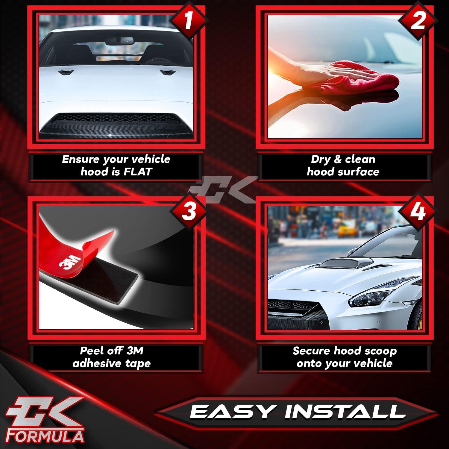 CK Formula Carbon Fiber Hood Scoop - Front Car Hood Vent Cover, No-Drill Universal Fit for Flat Hoods, Coupe, Trucks, SUV, JDM Style Body Kit, Waterproof, Aftermarket Automotive Accessory, 1 Piece