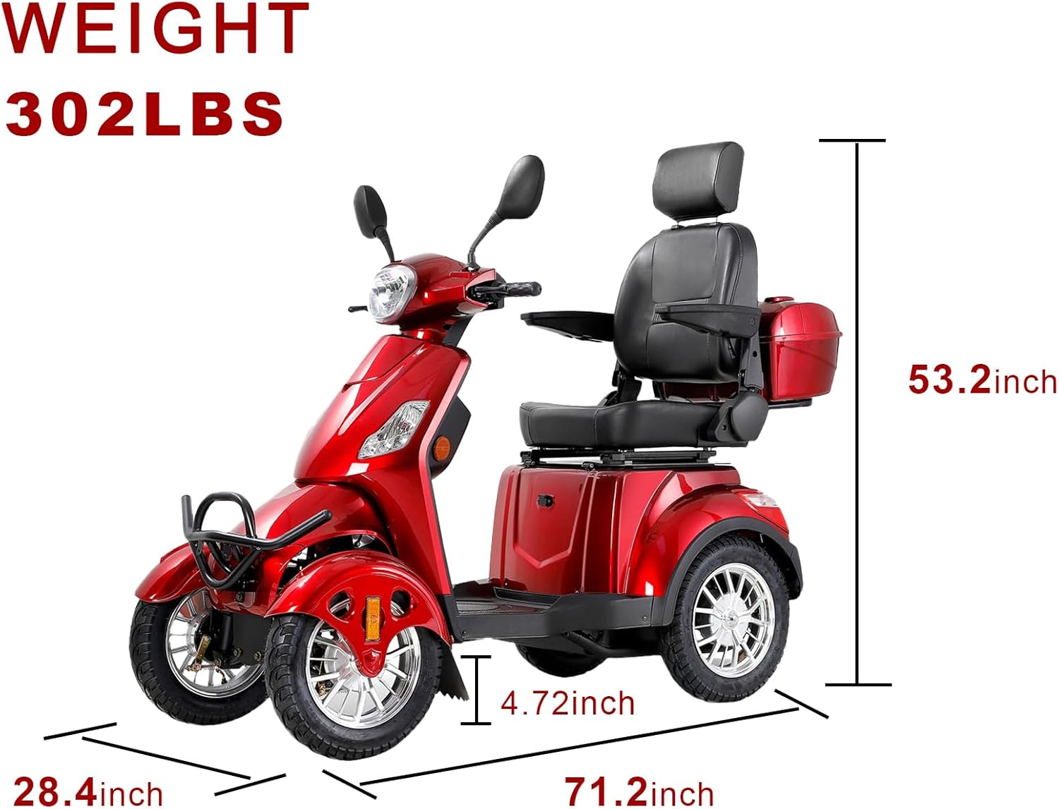 Electric Mobility Scooter for Adults & Seniors, Heavy Duty 4 Wheel Mobility Scooters 500lbs Capacity 800W All Terrain Powered Mobility Scooter for Travel, 3-Speed Elderly Handicap Scooter-Red