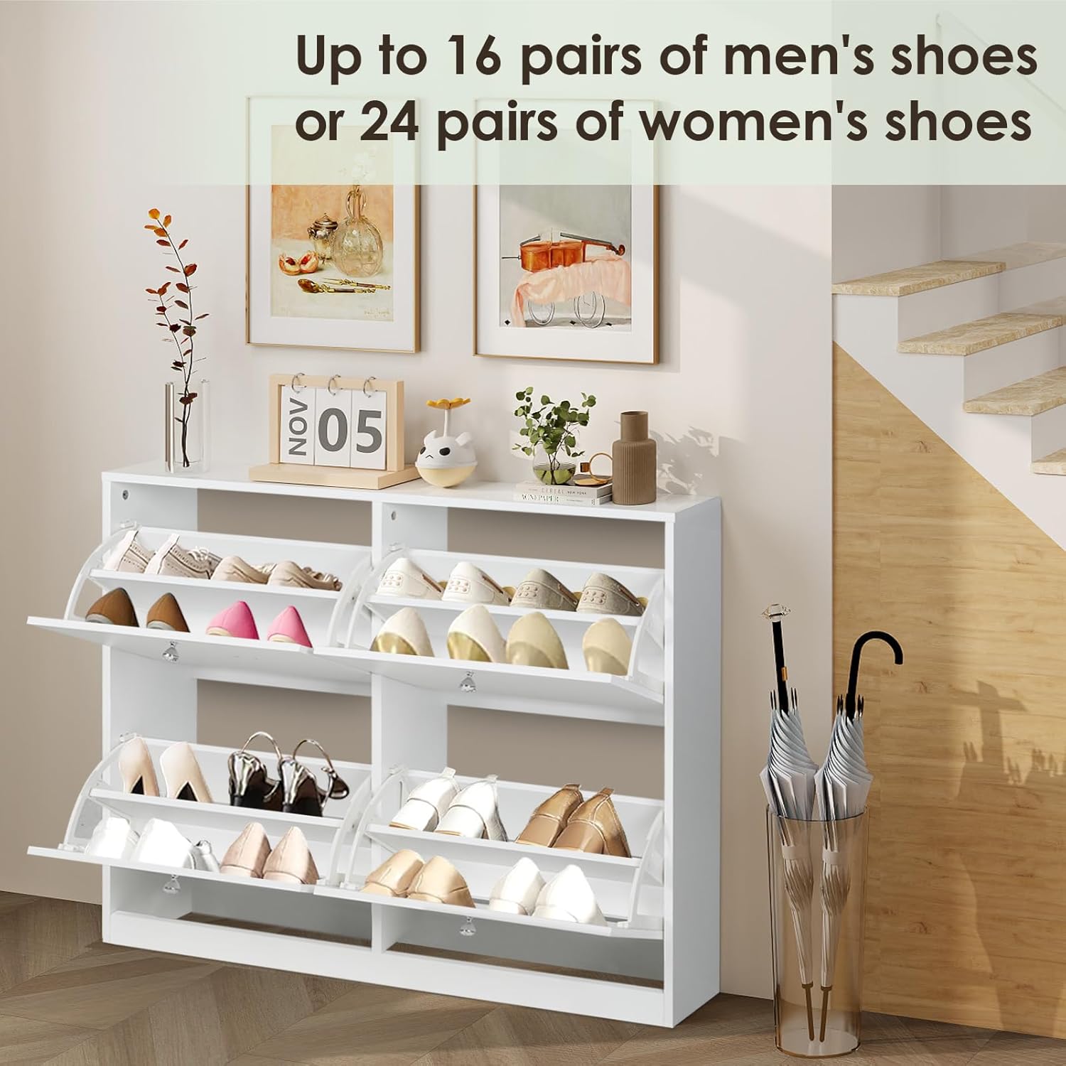 HOPUBUY Shoe Cabinet Storage for Entryway, White Shoe Organizer Cabinet with 4 2-layer Flip Drawers, Hidden Narrow Shoe Rack with for Hallway, Living Room