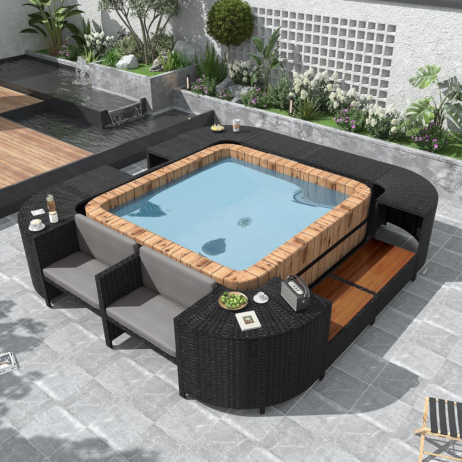 Quadrilateral Outdoor Rattan Sectional Sofa Mini Couch, Patio Conversation Sets with Wooden Seats and Storage Spaces, Spa Surround Frame for Gardern, Poolside, Gray