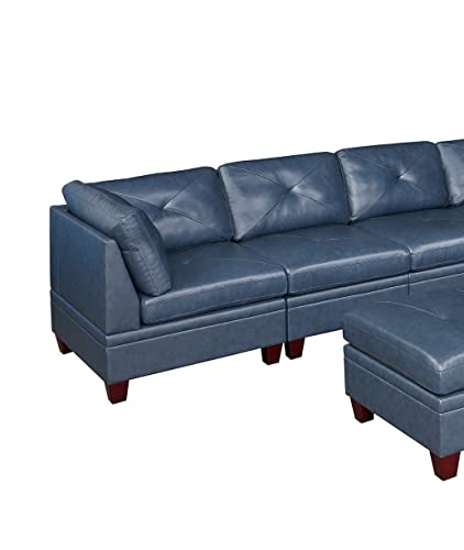 Contemporary Ink Blue Genuine Leather Sectional Sofa Set, 6-Piece, Tufted Back, Plush Couch, Wood Legs, 132 x 102 x 35 Inches NOT INCLUDE ottoman