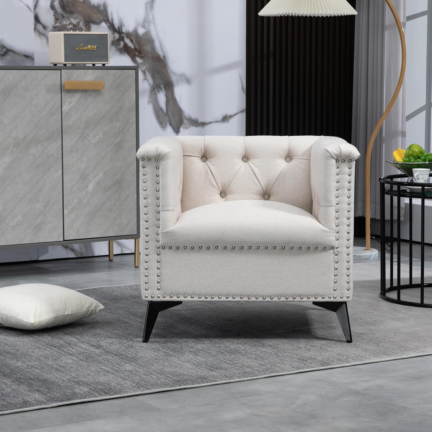 Accent Chair Living Room Chairs Single Sofa Chair,Arm Chairs with Linen Fabric, Mid Century Accent Arm Chairs Comfy Reading Lounge Club Armchair for Bedroom Office Study (Beige)