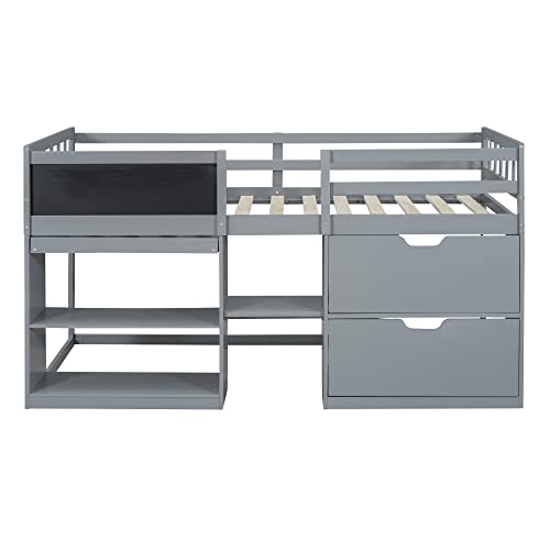 Twin Size Wood Loft Bed with Desk and Drawers, Convertible Shelves, Cabinet and Ladder, for Kids Teens, White
