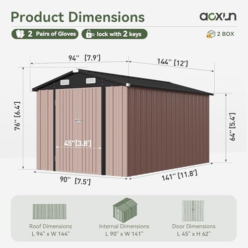 Aoxun 10 x 12FT Outdoor Storage Shed with Double Hinged Large Door Utility Garden Shed with Lockable Door & Sloped Roof Metal Sheds Outdoor Storage for Garden, Backyard, Patio and Backyard, Brown