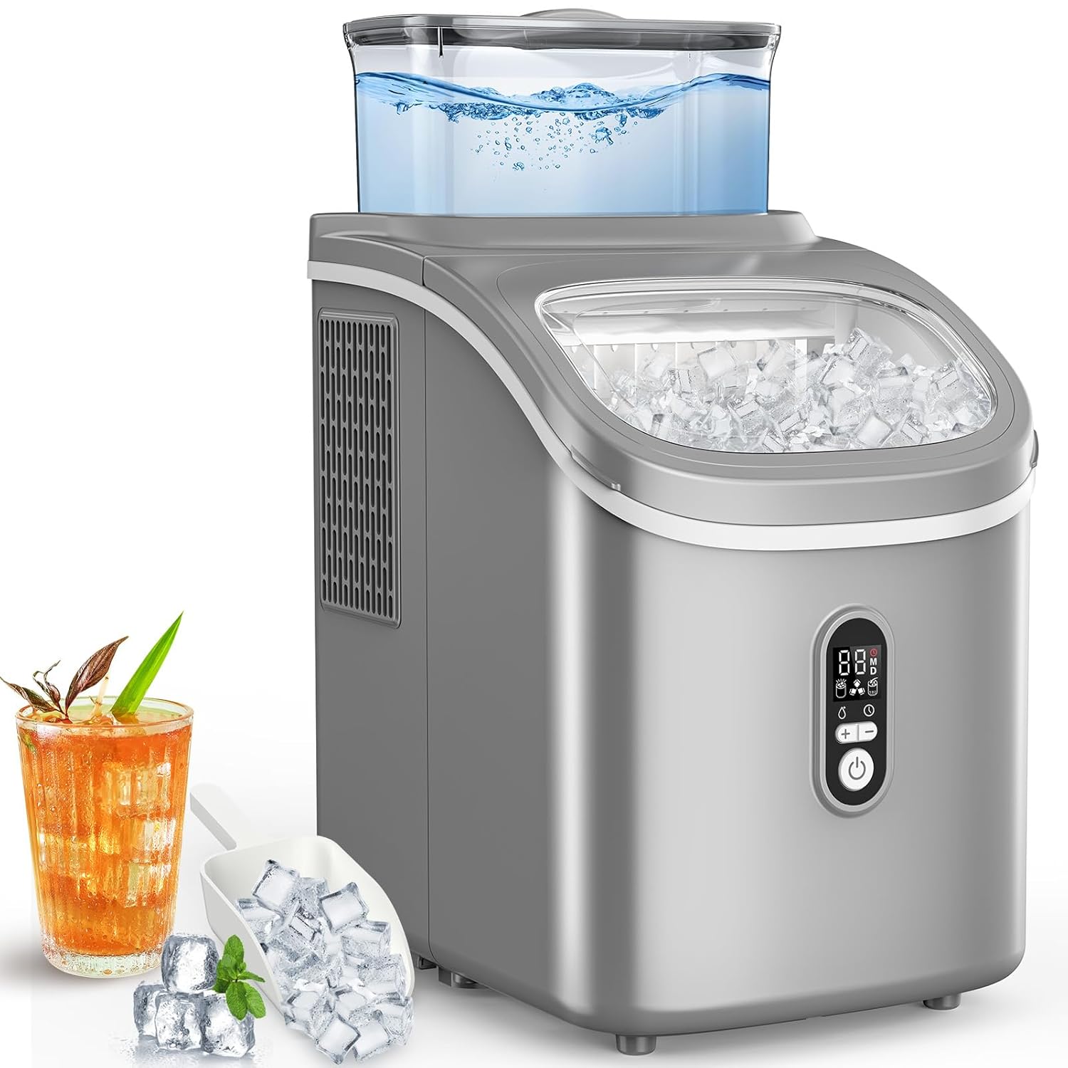 COWSAR Countertop Ice Maker, 30LBS/24H Portable Ice Machine with Top External Water Tank, Self-Cleaning Function, 16 pcs Ice Cube/13 Mins, Ice Scoop and Basket Perfect for Home, Party, Office, Gray