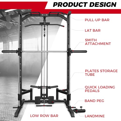 RitFit Smith Machine Power Rack with LAT-Pull Down System, Landmine, Barbell Bar, Plate Storage Pegs and More Training Attachment