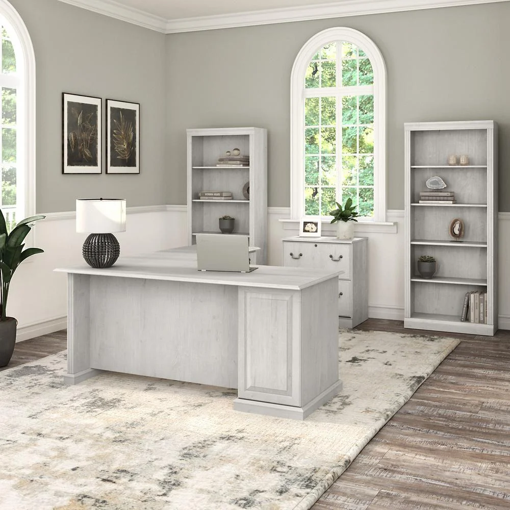 Saratoga L Shaped Desk with Storage Set in Linen White Oak - Engineered Wood