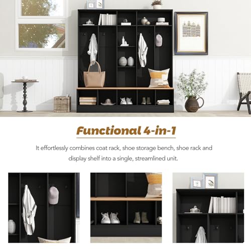Wide Hall Tree with Shoe Storage Bench, Minimalist Entryway Bench with Coat Rack, Cube Storage and Shelves, Multifunctional Mudroom Bench with Storage and 8 Hooks for Entryway, Hallway (White)