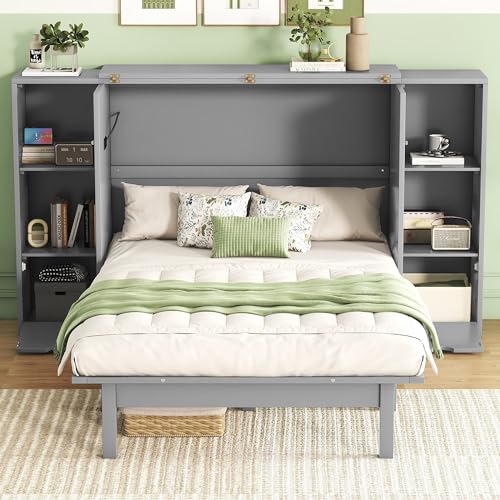 Full Size Murphy Wall Bed With Storage and Bookcase Headboard, Solid Wood Cabinets With Shelves, Drawers and USB Ports, Multi-Function Platform for Home Office, Guest Room - White