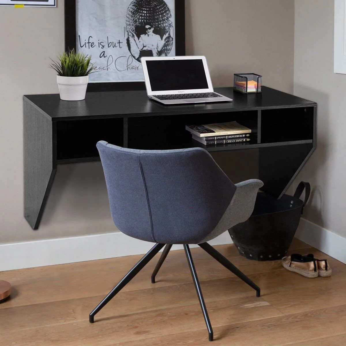 Wall Mounted Desk Floating Computer Desk, Writing Study Table W/3 Storage Shelves, Laptop PC Table for Living Room, Bedroom, Office (Black)
