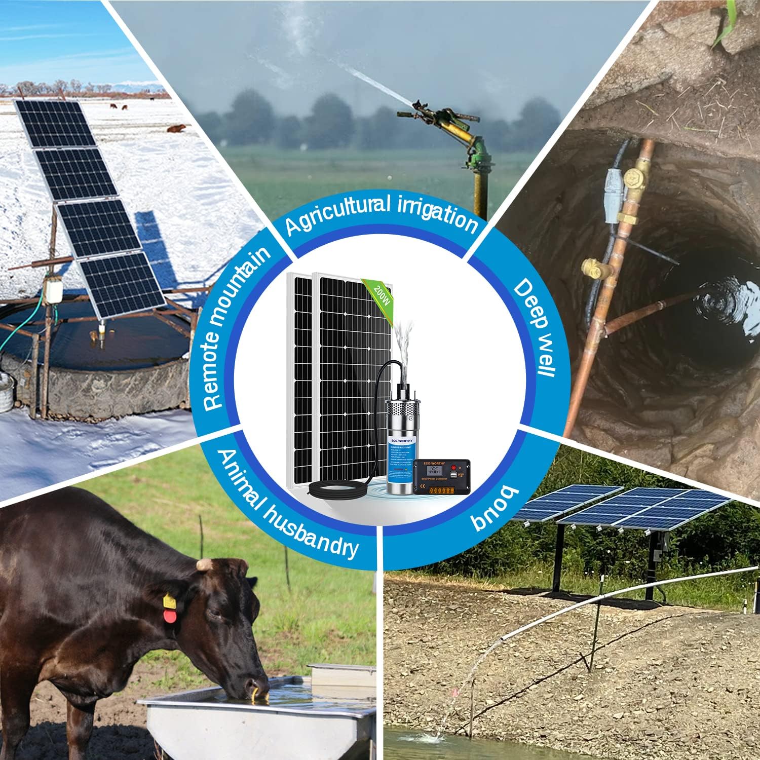 ECO-WORTHY Solar Deep Well Pump System, 12V Water Pump + 2pcs 100W Monocrystalline Solar Panel + 20A Controller +16.4ft Solar Cable for Remote-regions Water Supply,Deep Well, pool, Farm & Ranch