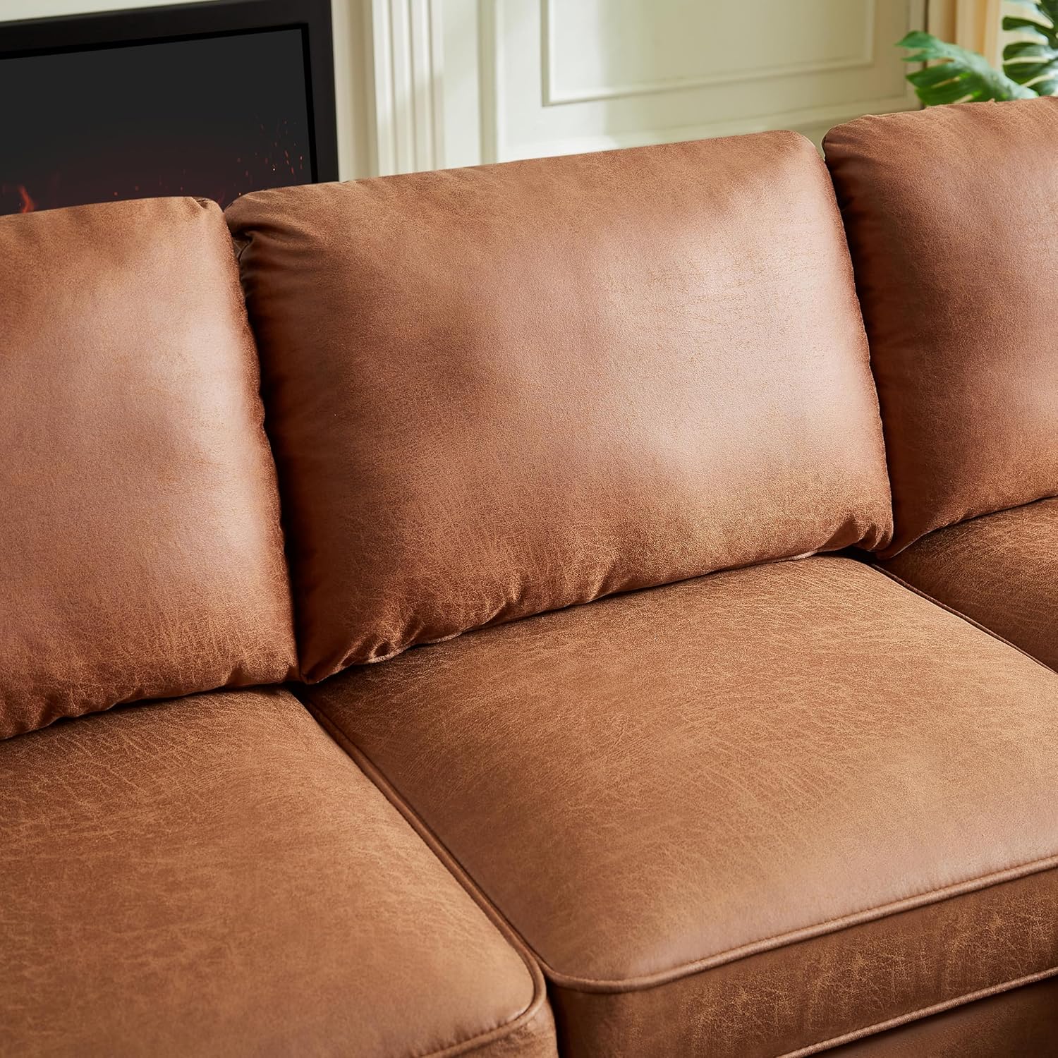 Lifeand 82.2" L-Shape Sofa Couch with Chais Mid-Century Copper Nail on Arms,Strong Wooden Leg and Suede Fabric Design,Left Chaise, Brown