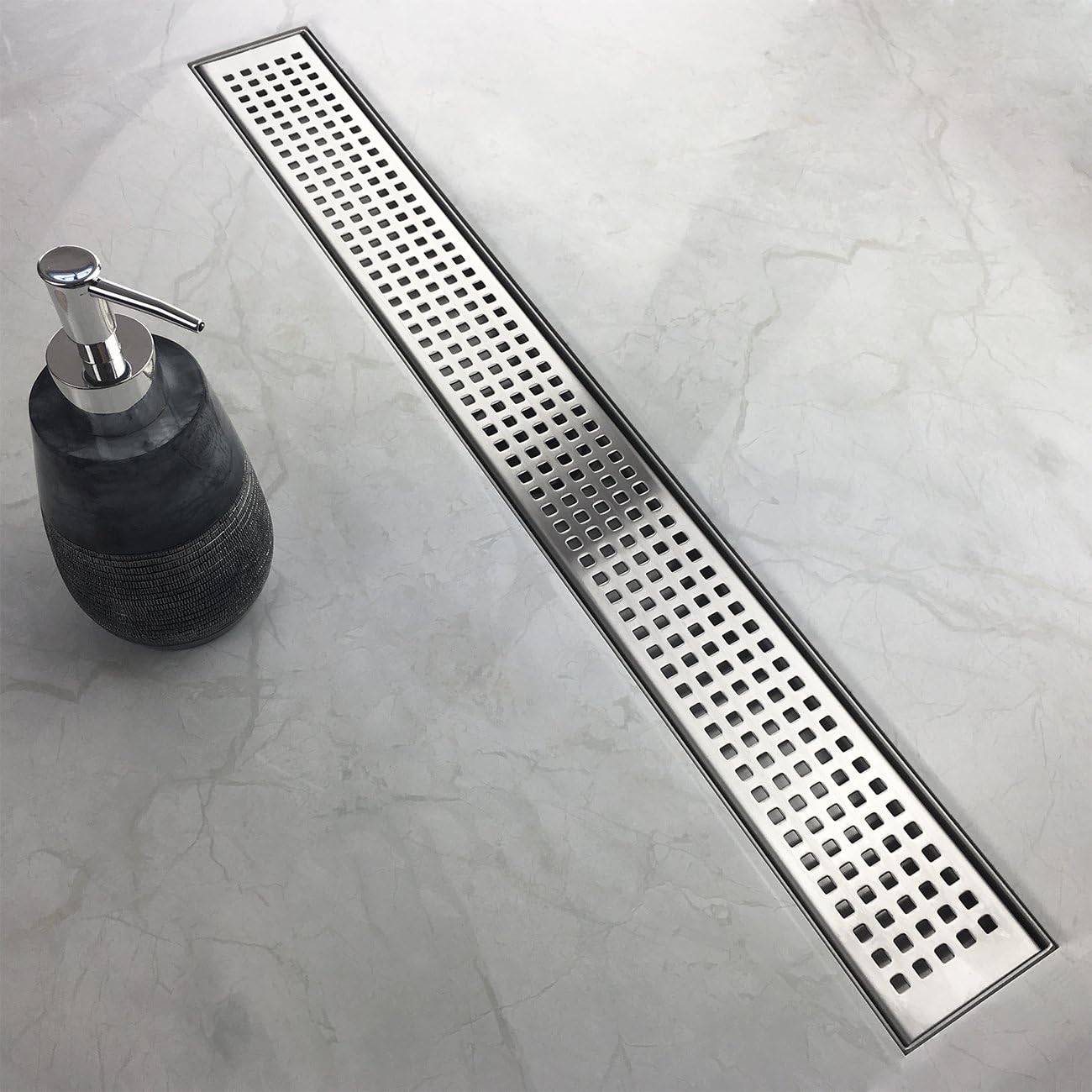 Neodrain 36-Inch Offset Side Outlet Linear Shower Drain with Quadrato Pattern Grate Cover, Brushed 304 Stainless Steel Rectangle Shower Floor Drain, with Leveling Foot, Hair Strainer catcher