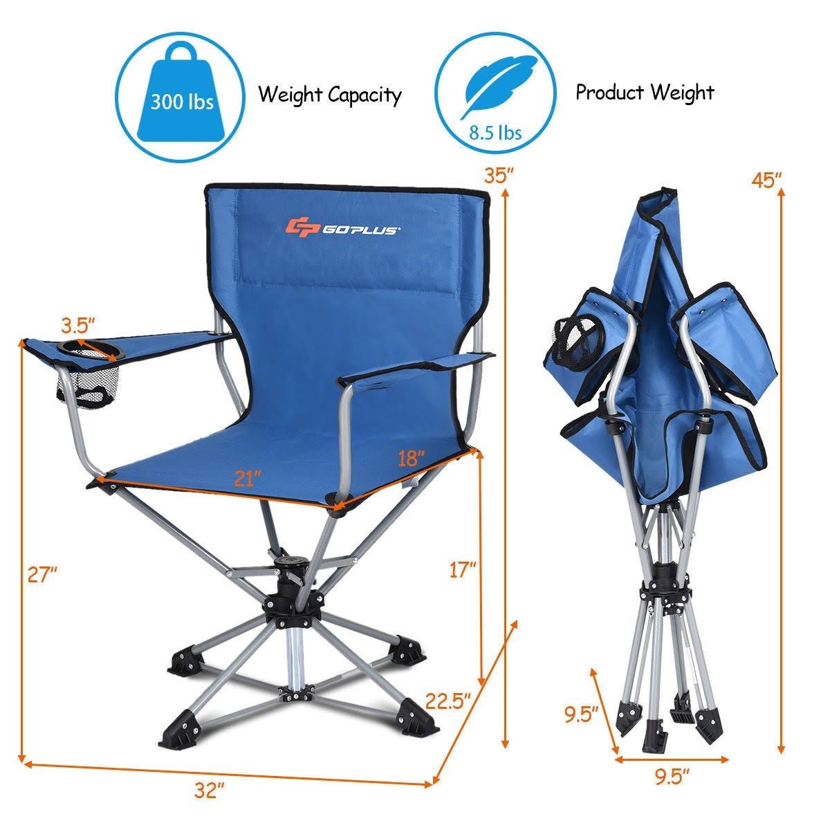 Goplus Collapsible Portable Swivel Camping Chair 360degreesFree - Blue