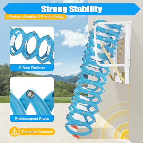 12 Steps Folding Attic Ladder Pull Down System, Wall Mounted Multifunctional Loft Ladder, Blue and White Retractable Collapsible Ladder with Armrests for Attics & Basements