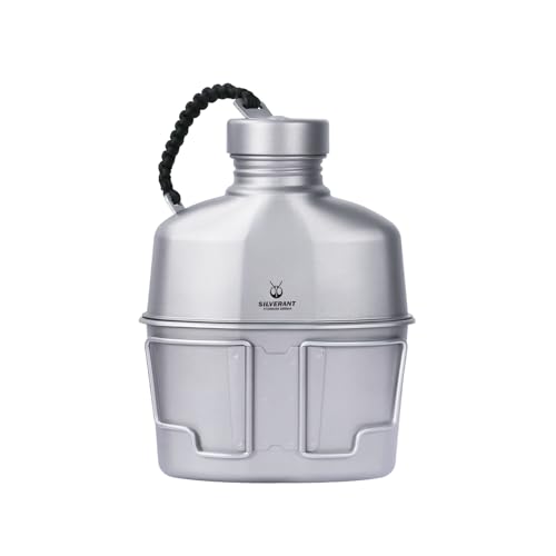 SILVERANT Camping Canteen Titanium Military Canteen Mess Kit Ultralight Camping Mug with Carry Pouch & Cup Foldable Handle -Bottle 1000ml, Cup 600ml
