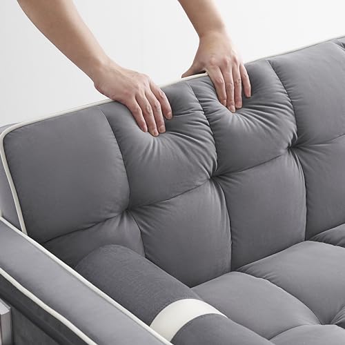 Sleeper Sofa Couch w/Pull Out Bed, 55" Modern Velvet Convertible Sleeper Sofa Bed, Small Love seat Sofa Bed w/Phone Holder & Pillows & Side Pockets for Small Space, Living Room, Apartment,Gray