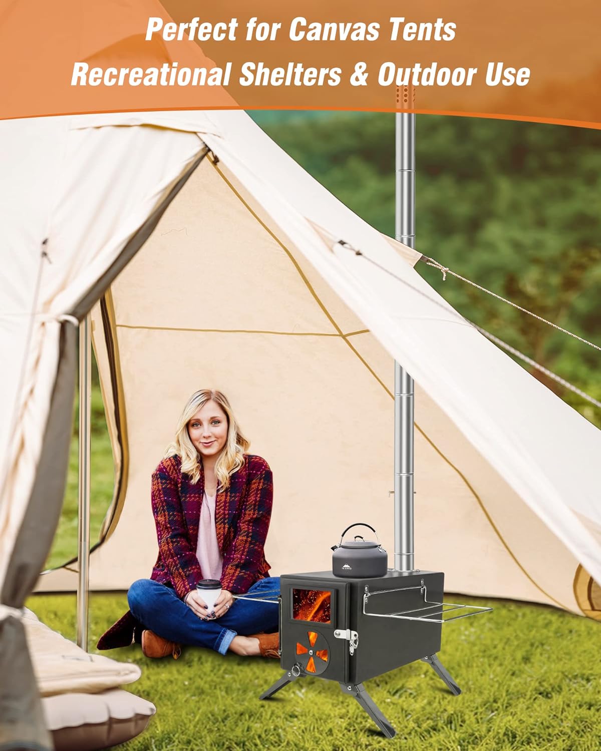 Wood Burning Stove for Hot Tents, Camping Stove with Chimney Pipes for Tents, Shelter, Outdoor Portable Wood Stove for Cooking and Heating