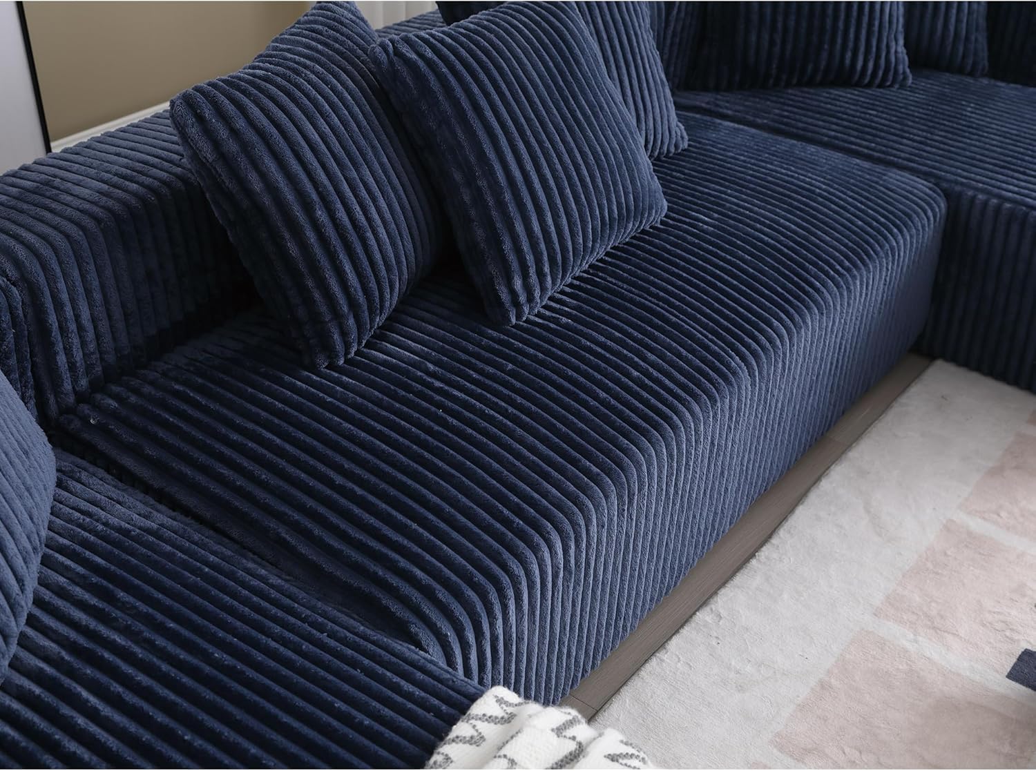 130'' Modular Sectional Sofa, Double Chaise Lounge, U Shape Sectiona Couches, Modern Minimalist Cloud Sofa, 8 Pillows, Corduroy Block 4 Seater Couch for Living Room, Apartment, Hotel, Blue