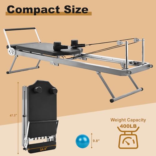 Foldable Pilates Reformer, Home Pilates Reformer Machine -Perfect for Tall People-5 Metal Resistance Springs-Up to 440 lbs Weight Capacity for Intermediate and Beginners Users
