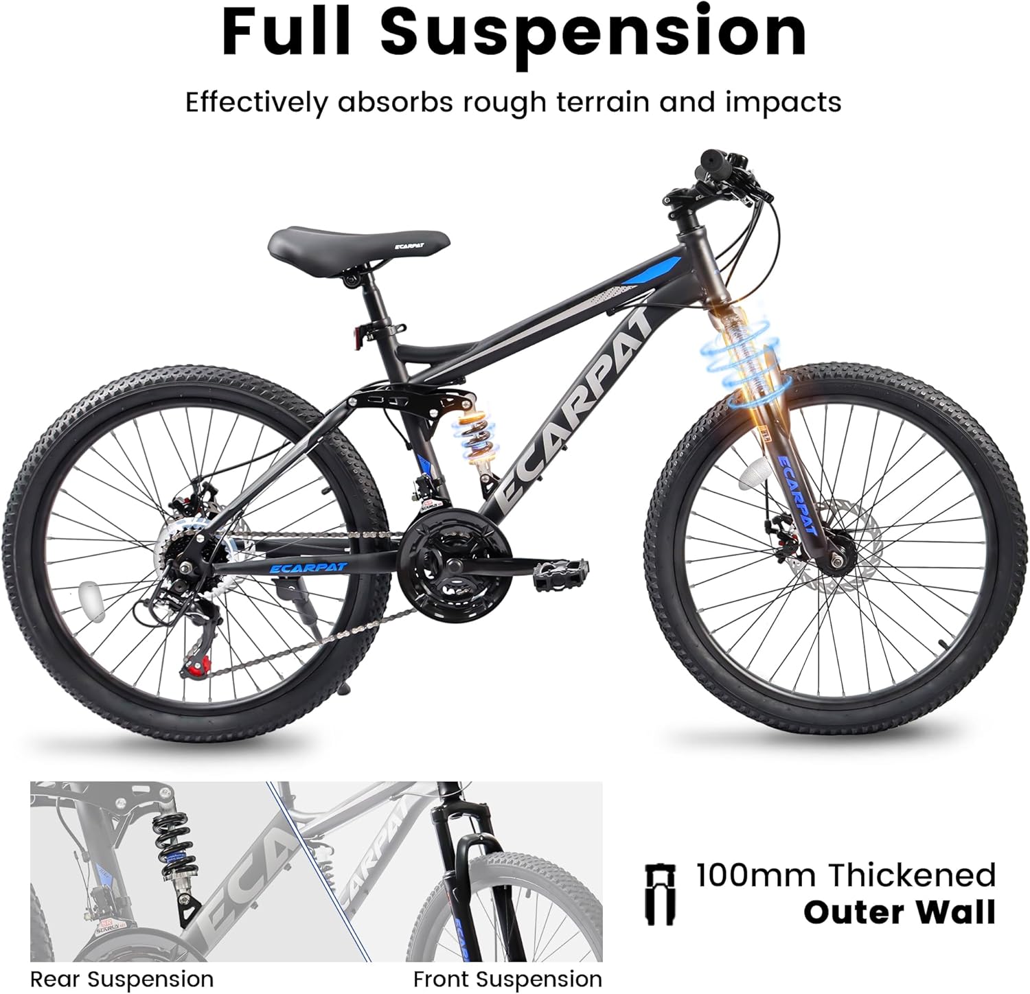 Full Dual Suspension 26 Inch Mountain Bike, 21-Speed Disc Brake, Front Fork Rear Shock Absorber Carbon Steel Frame Mountain Bike, Mens Womens Trail Commuter City Bicycles