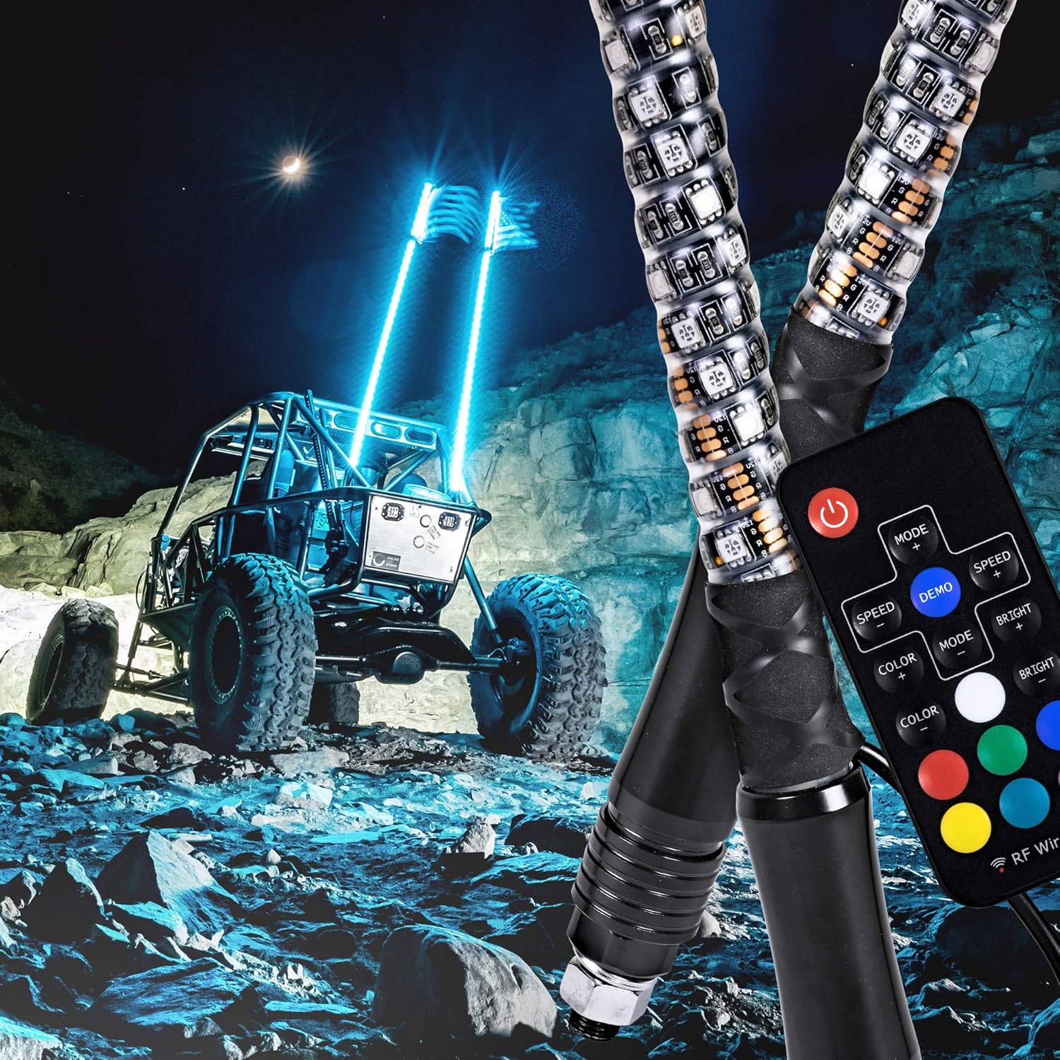 2pc 3ft Spiral LED Whip Lights for UTV ATV [21 Modes] [20 Colors] [RF Wireless Remote] [Weatherproof] [USA Flag] LED Lighted Whips Antenna for RZR Can-Am Polaris UTV ATV Accessories