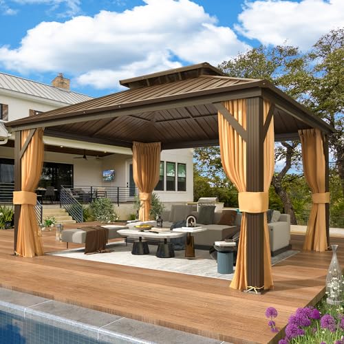EROMMY 14'x20' Hardtop Gazebo Double Roof Galvanized Steel Canopy Outdoor Aluminum Frame Permanent Metal Pavilion with Netting and Curtains for Patio Backyard Deck and Lawns