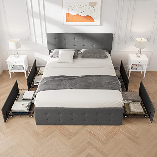 Queen Frame with 4 Storage Drawers,Grey Queen Size Upholstered Platform Bed Frame with Headboard and Wooden Slats Support No Box Spring Needed