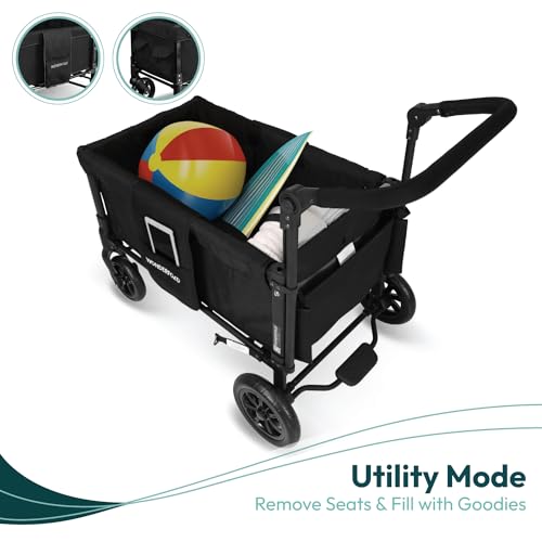 WONDERFOLD W1 Original Double Stroller Wagon (2 Seater) - Collapsible Wagon Stroller with Seats with 5-Point Harnesses, Adjustable Push Handle, and Sun Canopy, Teal Green