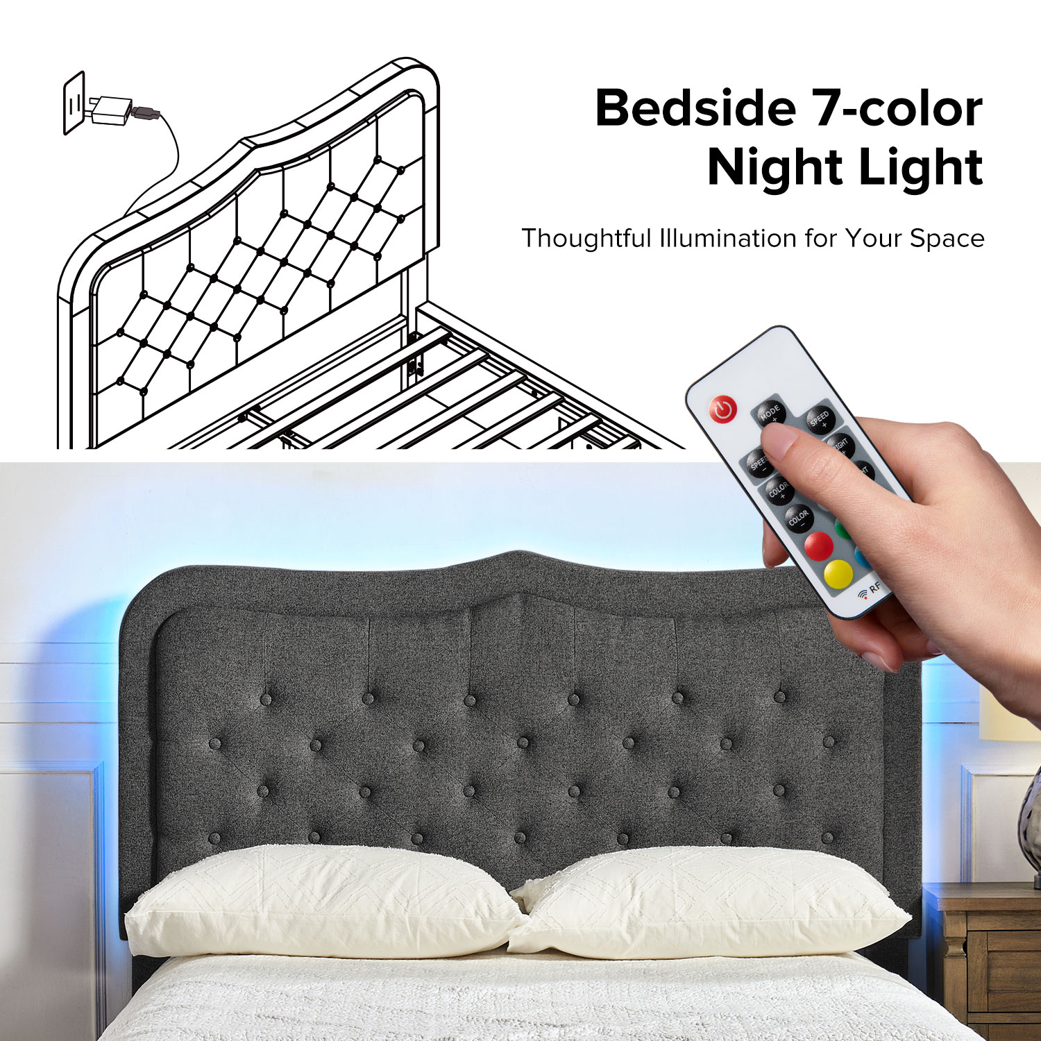 Modern King Platform Bed Frame with 7 Color LED Lights Button Adjustable Tufted Upholstered Headboard Storage Drawers Footboard Charcoal