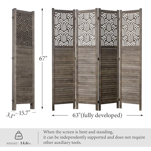 5.6 Ft Room Divider, Wood Carved Wall Divider Indoor Folding Portable Partition Screen for Home Office Garden Terrace - 4 Panel (Gray)