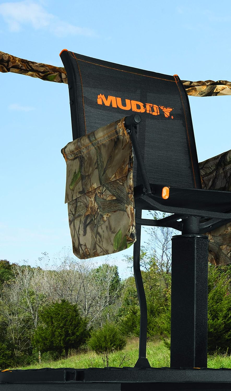 MUDDY Liberty - 16 Foot High Durable Extra-Wide Single Seater Foldable Outdoor Hunting Tripod Stand with 360-degree Flex Tek Seat & 2 Detachable Gear Bags, 300 Pound Maximum Capacity