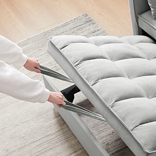 Futon Sleeper Sofa Bed Couch - Velvet 3 in 1 Convertible Sleeper Sofa w/Pullout Bed, Small Love Seat Lounge Sofa w/Reclining Backrest, Toss Pillows, Pockets for Living Room (Grey)