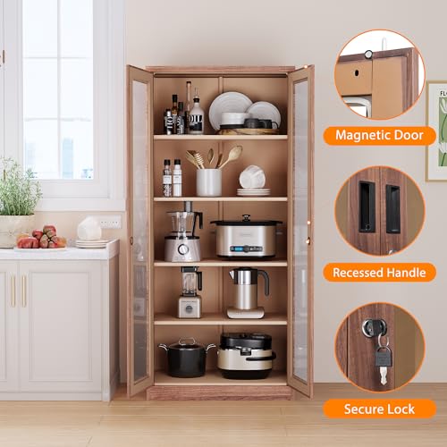 Glass Display Cabinet Liquor Cabinet with Lock,Tall Bookcase Metal Glass Storage Cabinet with 4 Adjustable Shelves,5-Tier Curio Cabinet for Home,Study,Living Room and Office (White)