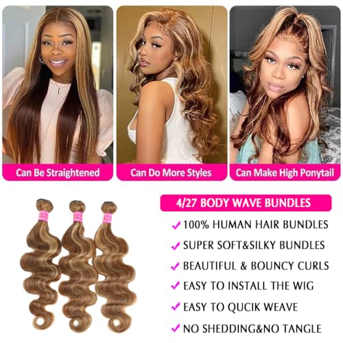 Younsolo Ombre 4/27 Human Hair Bundles Body Wave Bundles 10A Brazilian Remy Virgin Hair Wavy Weaves Colored Ombre Bundles