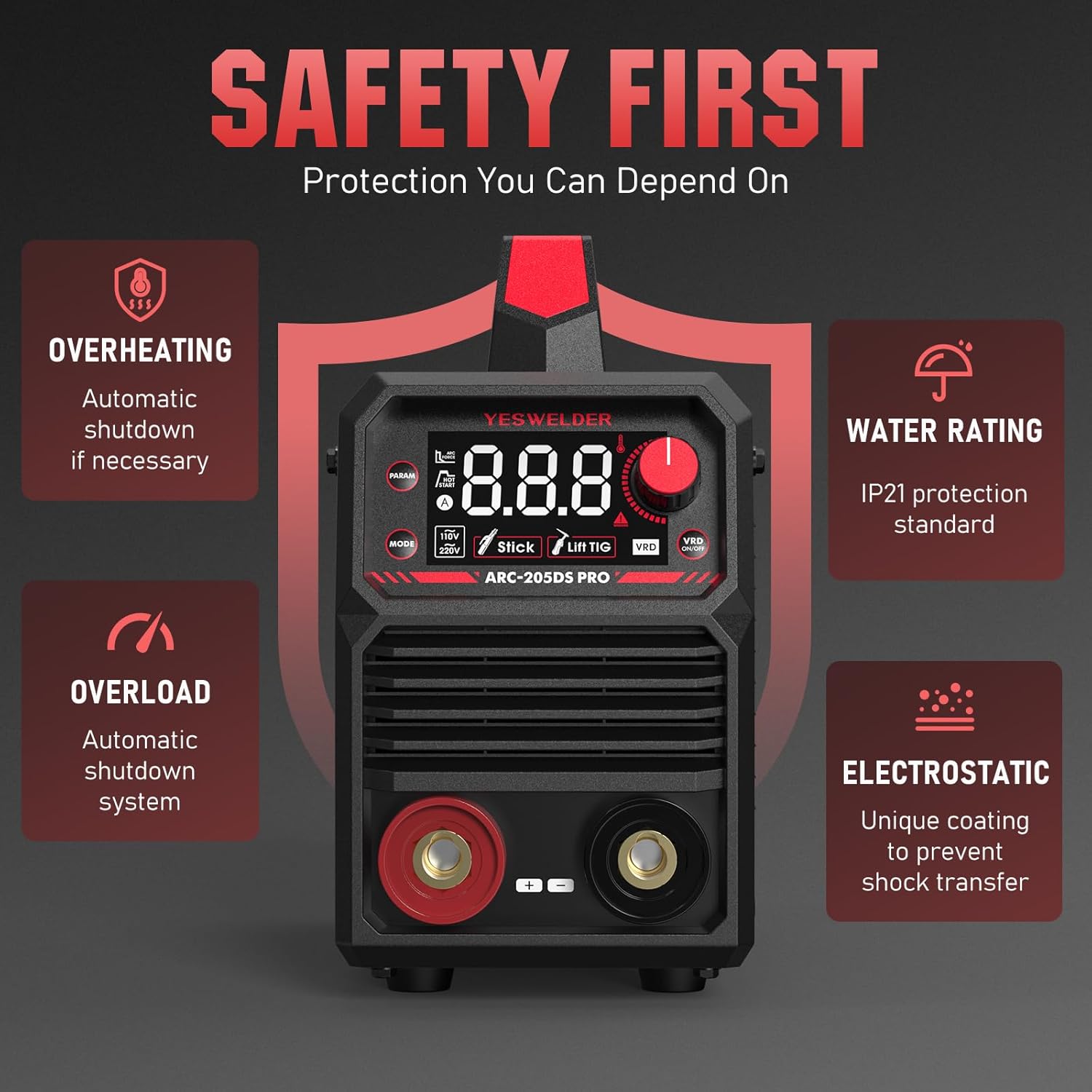 YESWELDER 205Amp Stick Welder with Lift TIG Torch, [Large LED Display] 110V/220V Dual Voltage Portable Welding Machine & Lightweight, Durable Flip Front Welding Hood Helmet